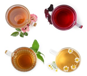 Image of Flower and herbal teas in glass cups isolated on white, set. Top view