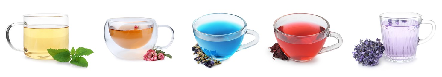 Image of Flower and herbal teas in glass cups isolated on white, set