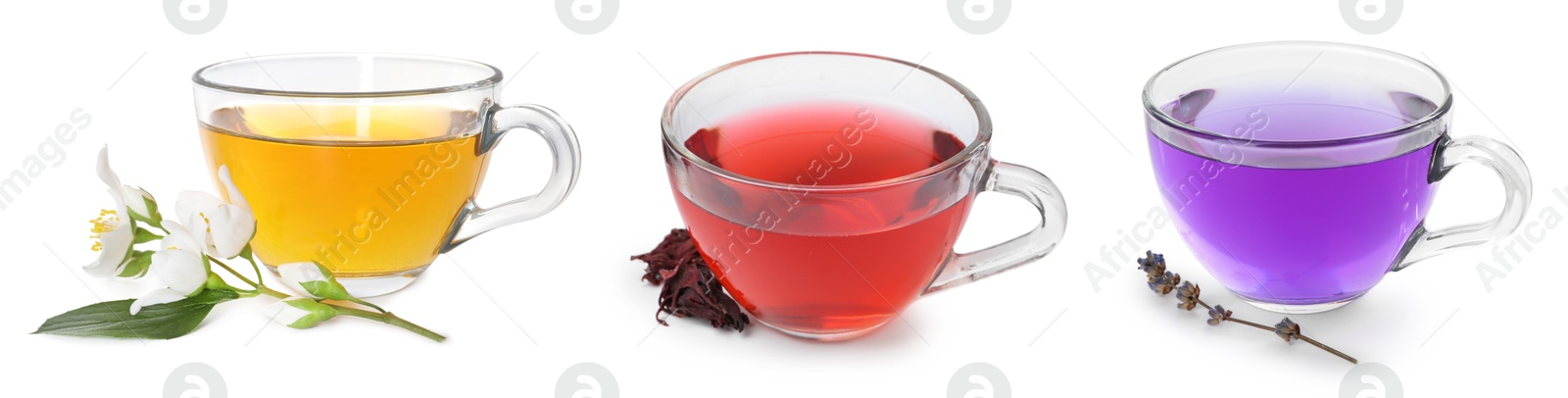 Flower teas in glass cups isolated on white, set Image of Flower teas in glass cups isolated on white, set