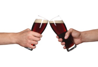 Image of Men clinking their glasses of beer together against white background