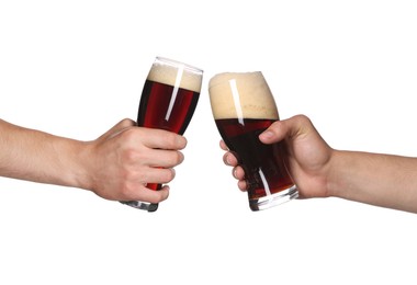 Image of Men clinking their glasses of beer together against white background