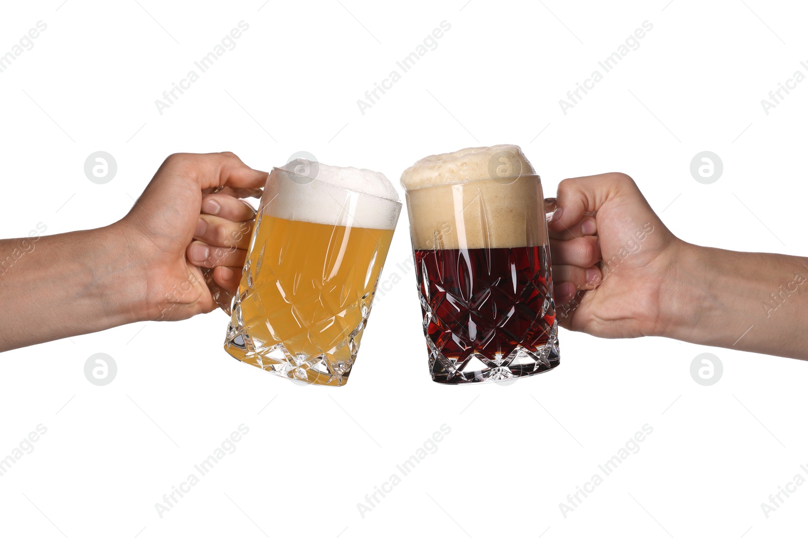 Men clinking their glasses of beer together against white background Image of Men clinking their glasses of beer together against white background