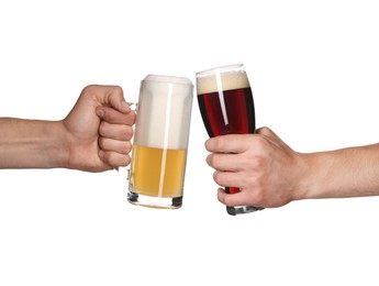 Image of Men clinking their glasses of beer together against white background