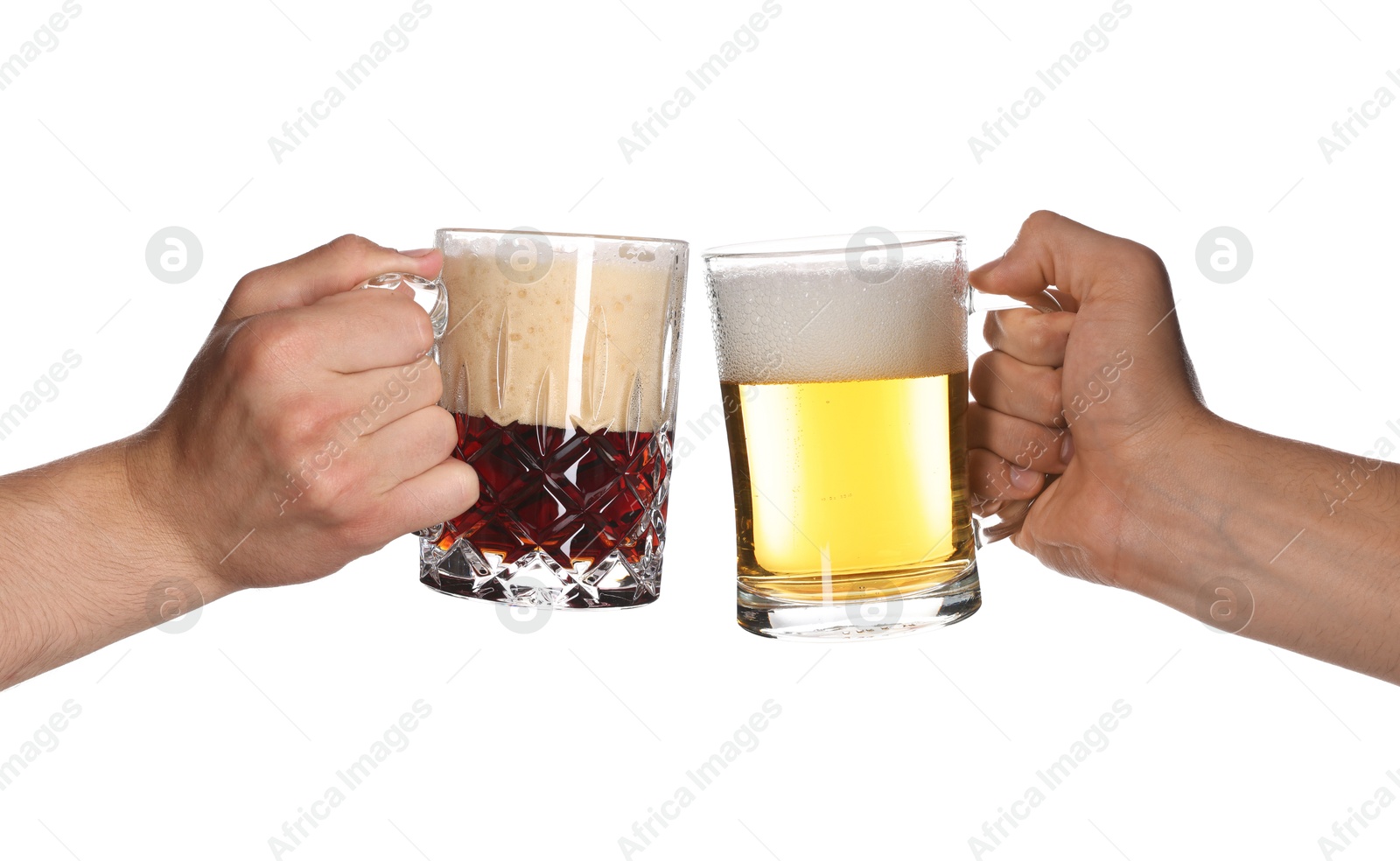 Men clinking their glasses of beer together against white background Image of Men clinking their glasses of beer together against white background