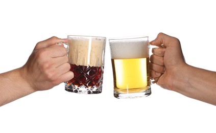 Image of Men clinking their glasses of beer together against white background