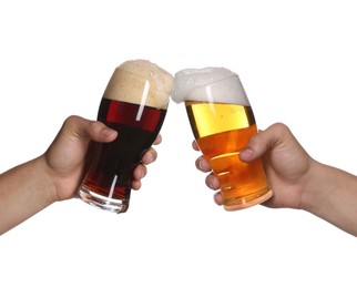 Image of Men clinking their glasses of beer together against white background