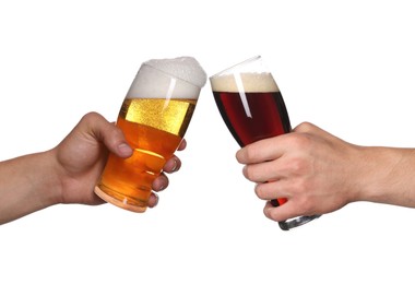 Image of Men clinking their glasses of beer together against white background