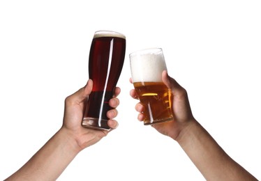 Image of Men clinking their glasses of beer together against white background