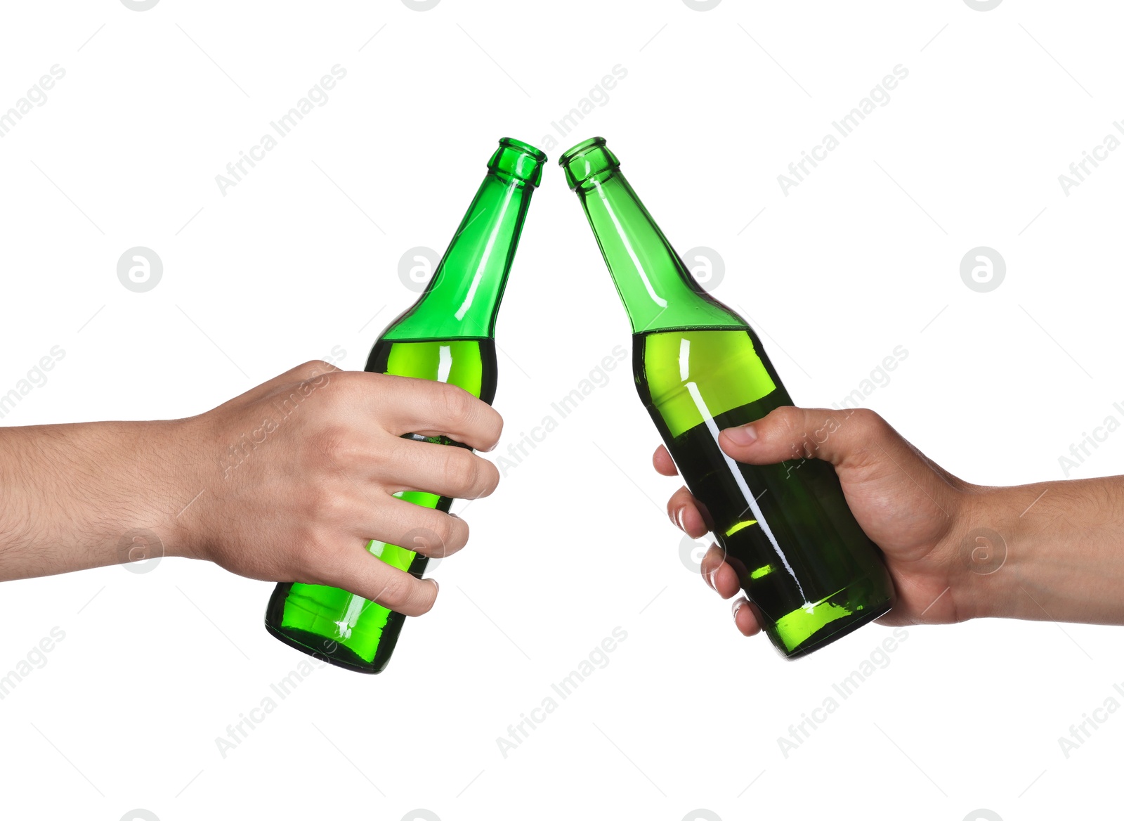 Men clinking their bottles of beer together against white background Image of Men clinking their bottles of beer together against white background