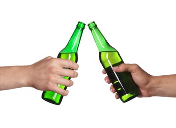Image of Men clinking their bottles of beer together against white background