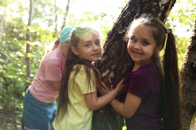 Photo of Cute little girls near tree in nature