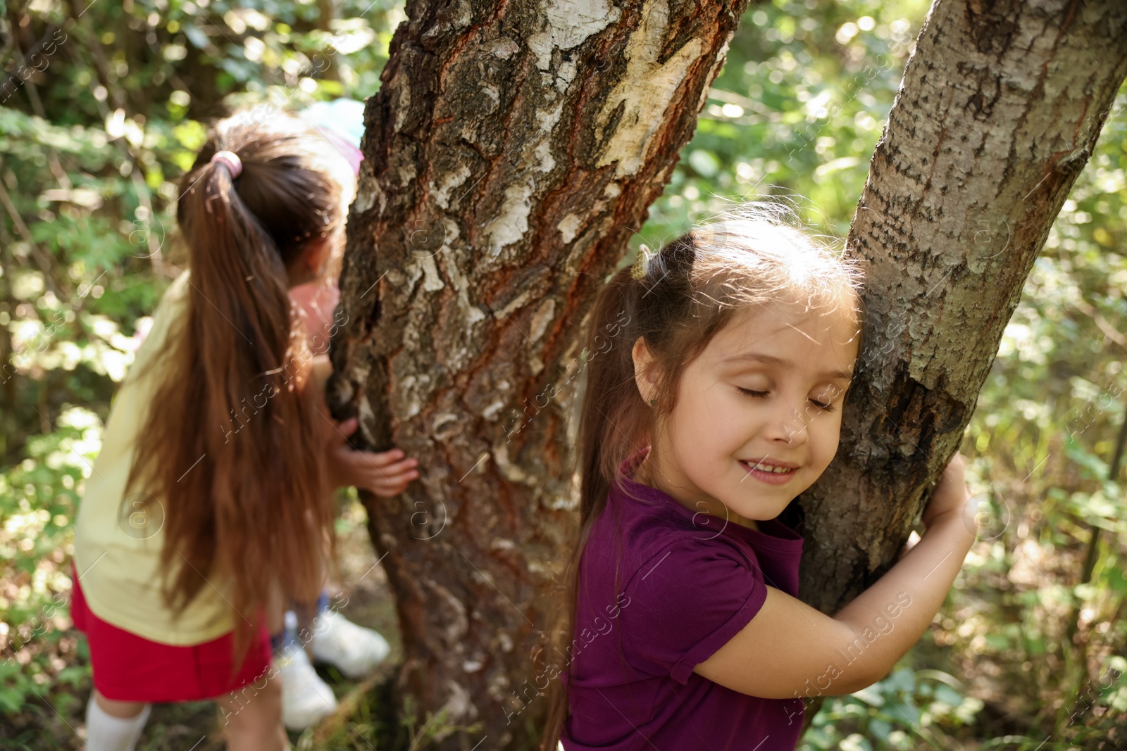Cute little girls near trees in nature, selective focus Photo of Cute little girls near trees in nature, selective focus