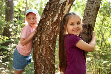 Photo of Cute little girls near trees in nature, selective focus