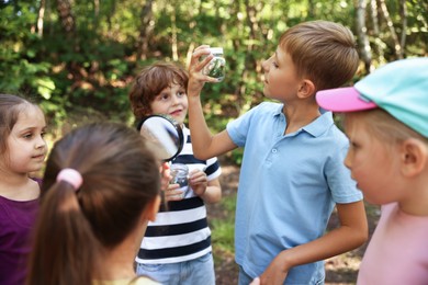 Photo of Children with jars and magnifying glass in nature