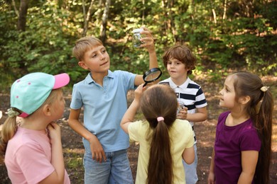 Photo of Children with jars and magnifying glass in nature