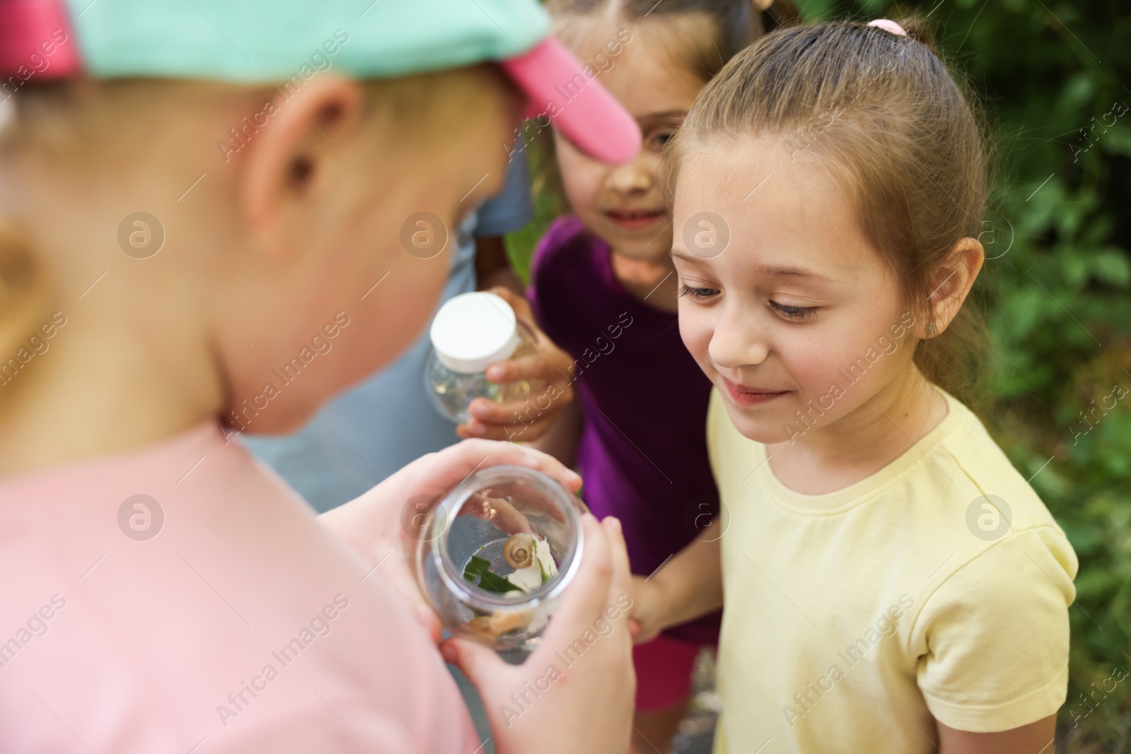 Children with jar of snails in nature, closeup Photo of Children with jar of snails in nature, closeup