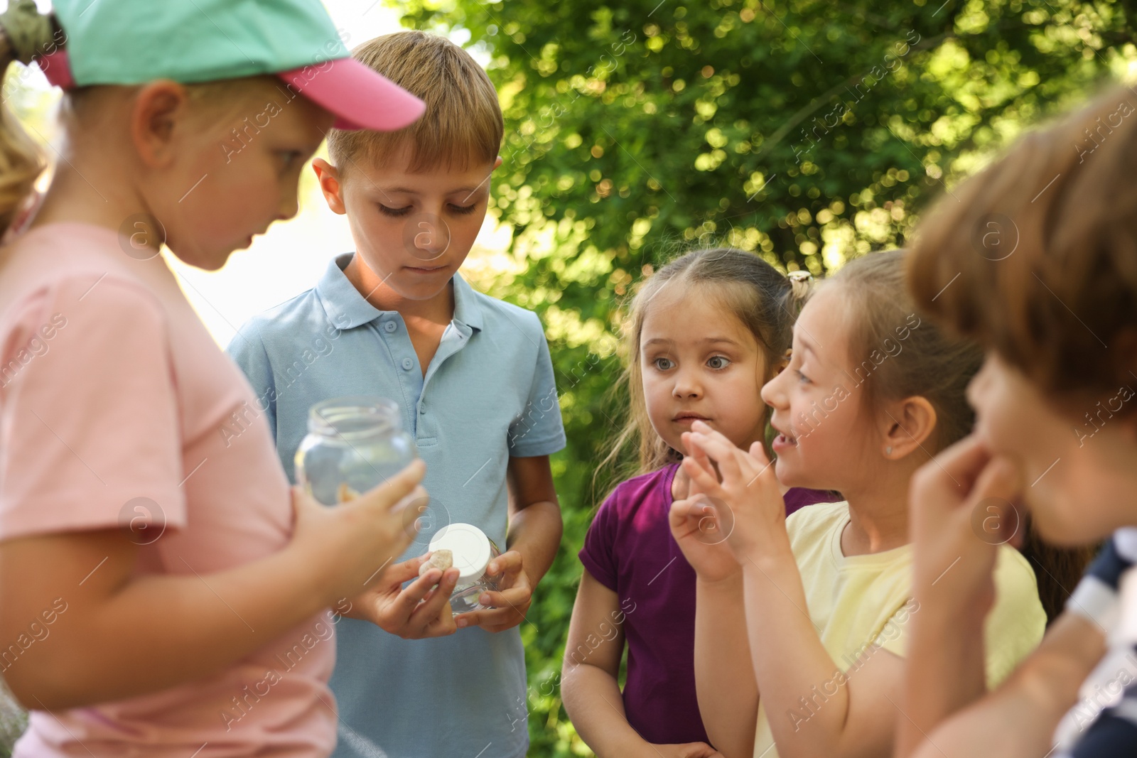 Children with snail and jars in nature, selective focus Photo of Children with snail and jars in nature, selective focus