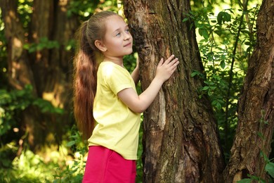 Photo of Cute little girl near tree in nature