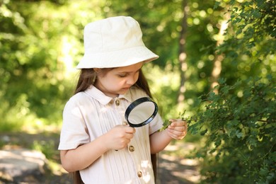 Photo of Cute little girl looking at branch with green leaves through magnifying glass in nature