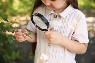 Photo of Little girl looking at branch with green leaves through magnifying glass in nature, closeup