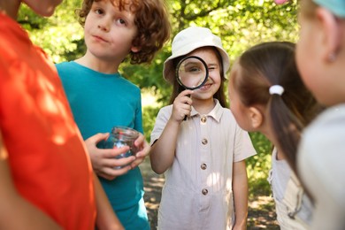 Photo of Children with magnifying glass and jar in nature