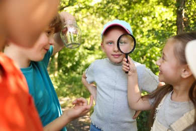 Photo of Group of children with magnifying glass in nature, selective focus
