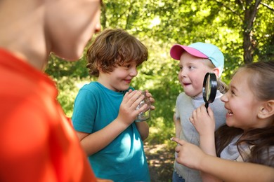 Photo of Children with magnifying glass and jar in nature