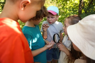 Photo of Children with snail and magnifying glass in nature