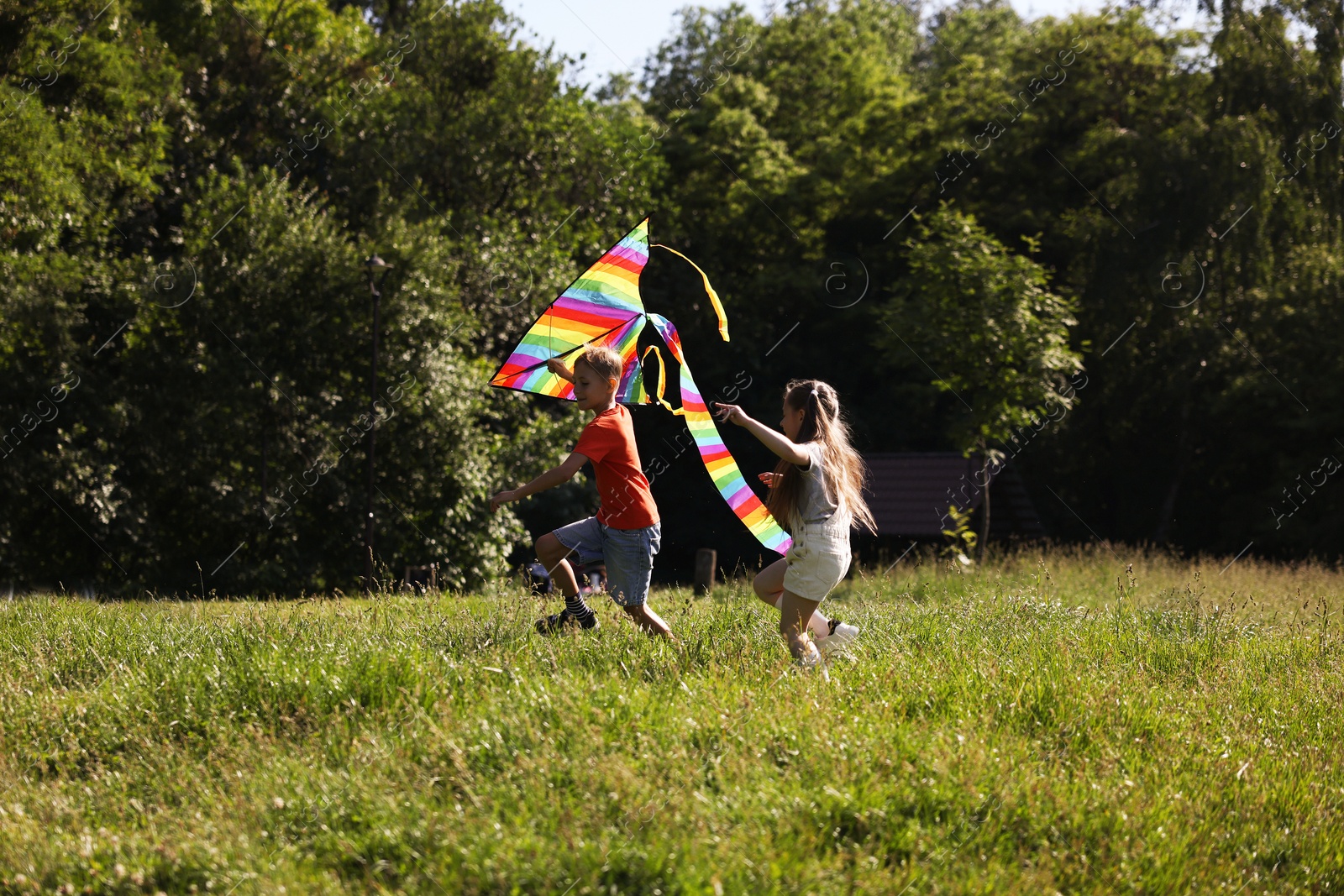 Children with colorful kite running in nature Photo of Children with colorful kite running in nature