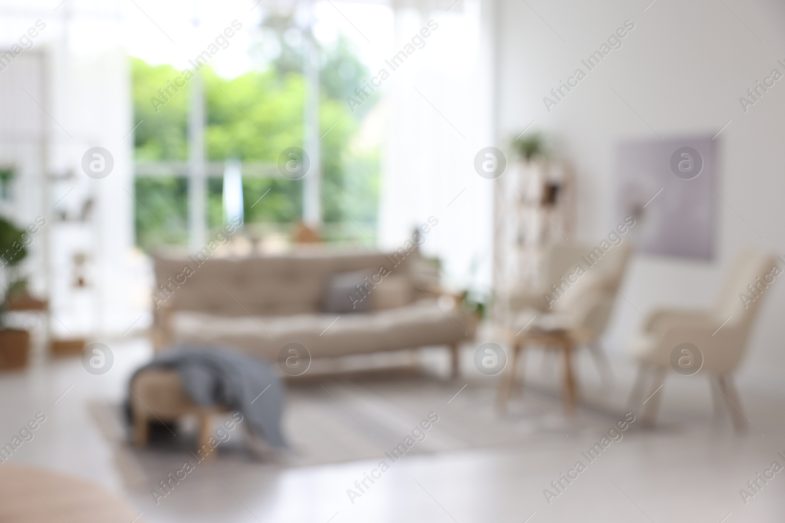 Photo of Blurred view of stylish furniture in living room. Interior design