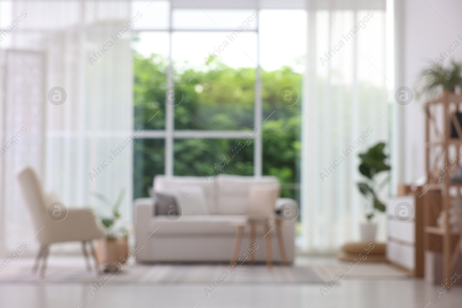 Photo of Blurred view of stylish furniture in living room. Interior design