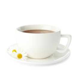 Photo of Aromatic tea in cup and chamomile flowers isolated on white