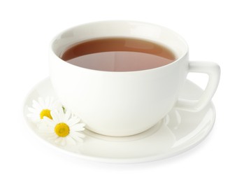 Photo of Aromatic tea in cup and chamomile flowers isolated on white