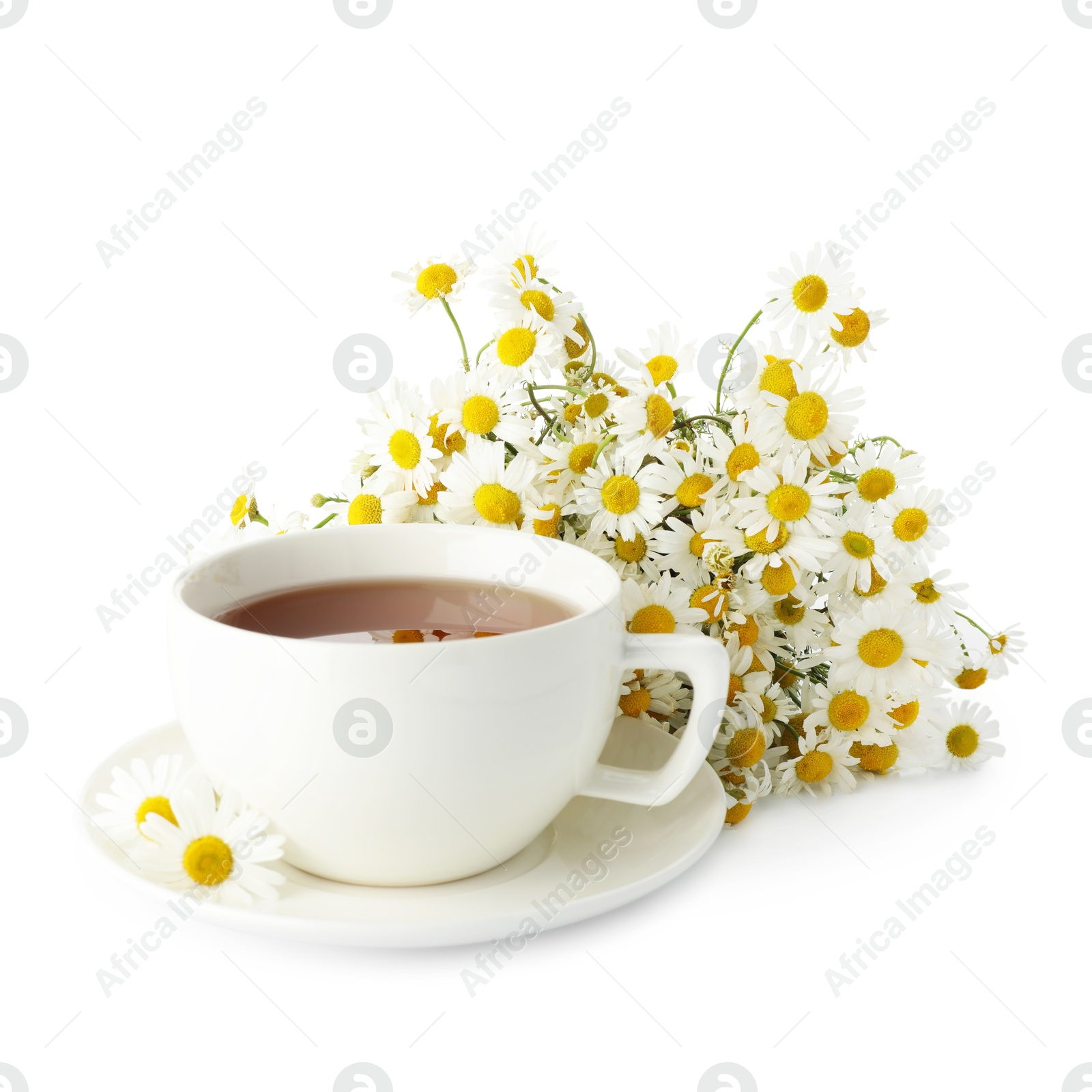 Photo of Aromatic tea in cup and chamomile flowers isolated on white