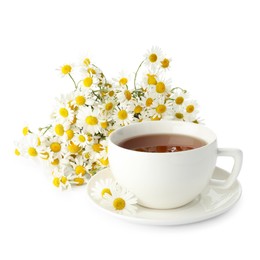 Photo of Aromatic tea in cup and chamomile flowers isolated on white