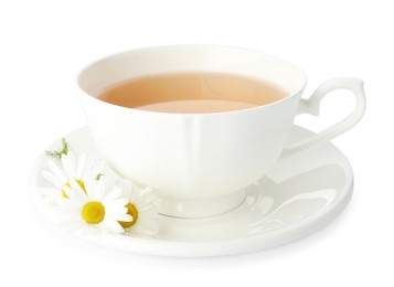 Photo of Aromatic tea in cup and chamomile flowers isolated on white