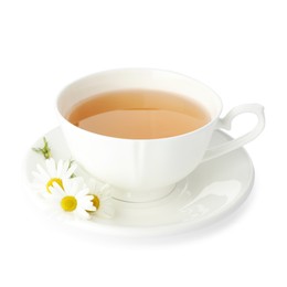 Photo of Aromatic tea in cup and chamomile flowers isolated on white