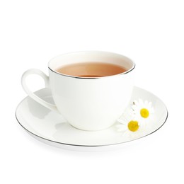 Photo of Aromatic tea in cup and chamomile flowers isolated on white