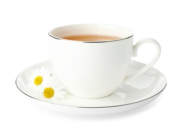 Photo of Aromatic tea in cup and chamomile flowers isolated on white