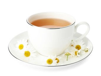 Photo of Aromatic tea in cup and chamomile flowers isolated on white