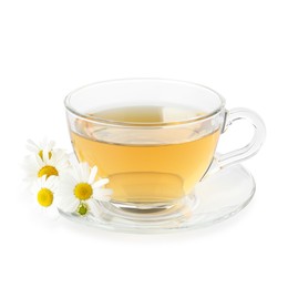 Photo of Aromatic tea in glass cup and chamomile flowers isolated on white