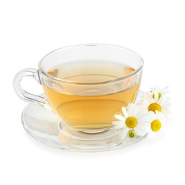 Photo of Aromatic tea in glass cup and chamomile flowers isolated on white