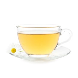 Photo of Aromatic tea in glass cup and chamomile flowers isolated on white