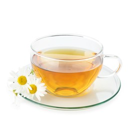 Photo of Aromatic tea in glass cup and chamomile flowers isolated on white