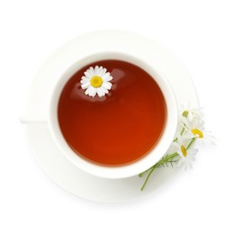 Photo of Aromatic tea in cup and chamomile flowers isolated on white, top view