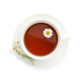 Photo of Aromatic tea in cup and chamomile flowers isolated on white, top view