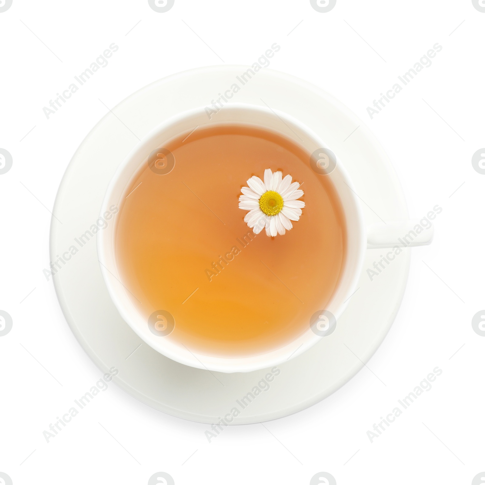 Photo of Aromatic tea and chamomile flower in cup isolated on white, top view