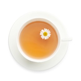 Photo of Aromatic tea and chamomile flower in cup isolated on white, top view