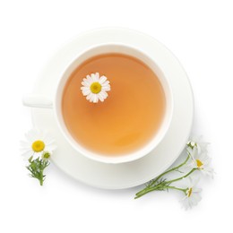 Photo of Aromatic tea in cup and chamomile flowers isolated on white, top view