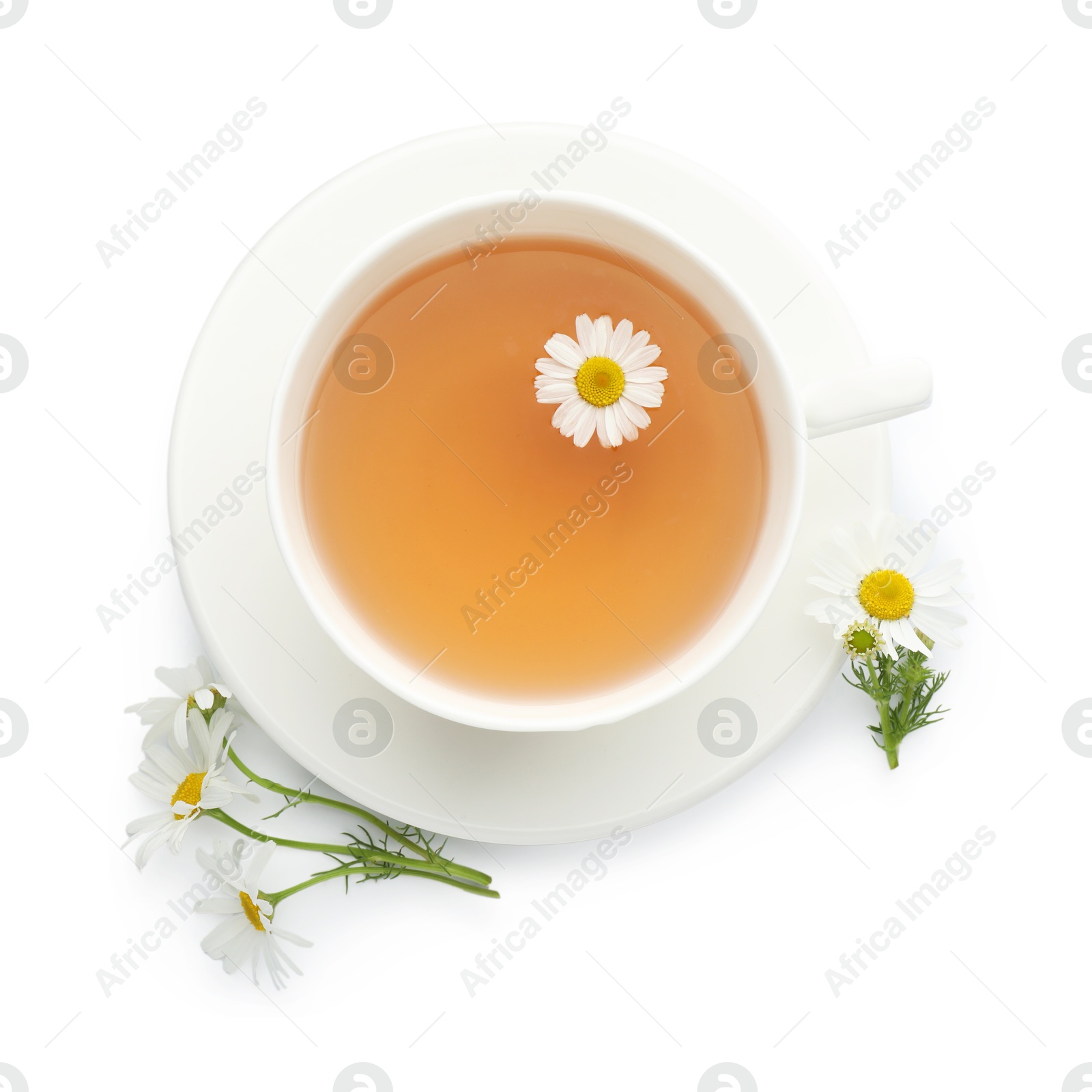Photo of Aromatic tea in cup and chamomile flowers isolated on white, top view